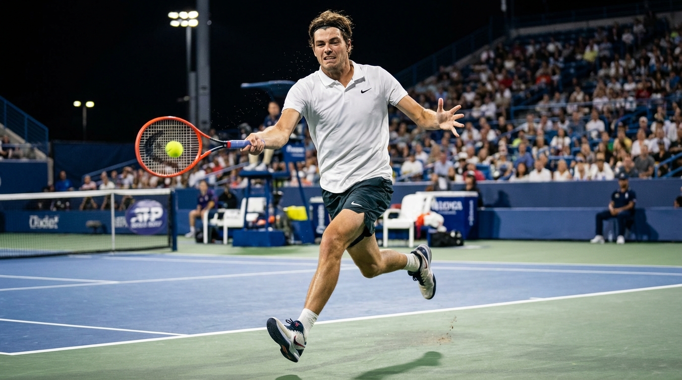 푸른색 하드 코트 위에서 역동적인 자세로 강력한 포핸드 샷을 날리고 있는 테니스 선수 테일러 프리츠