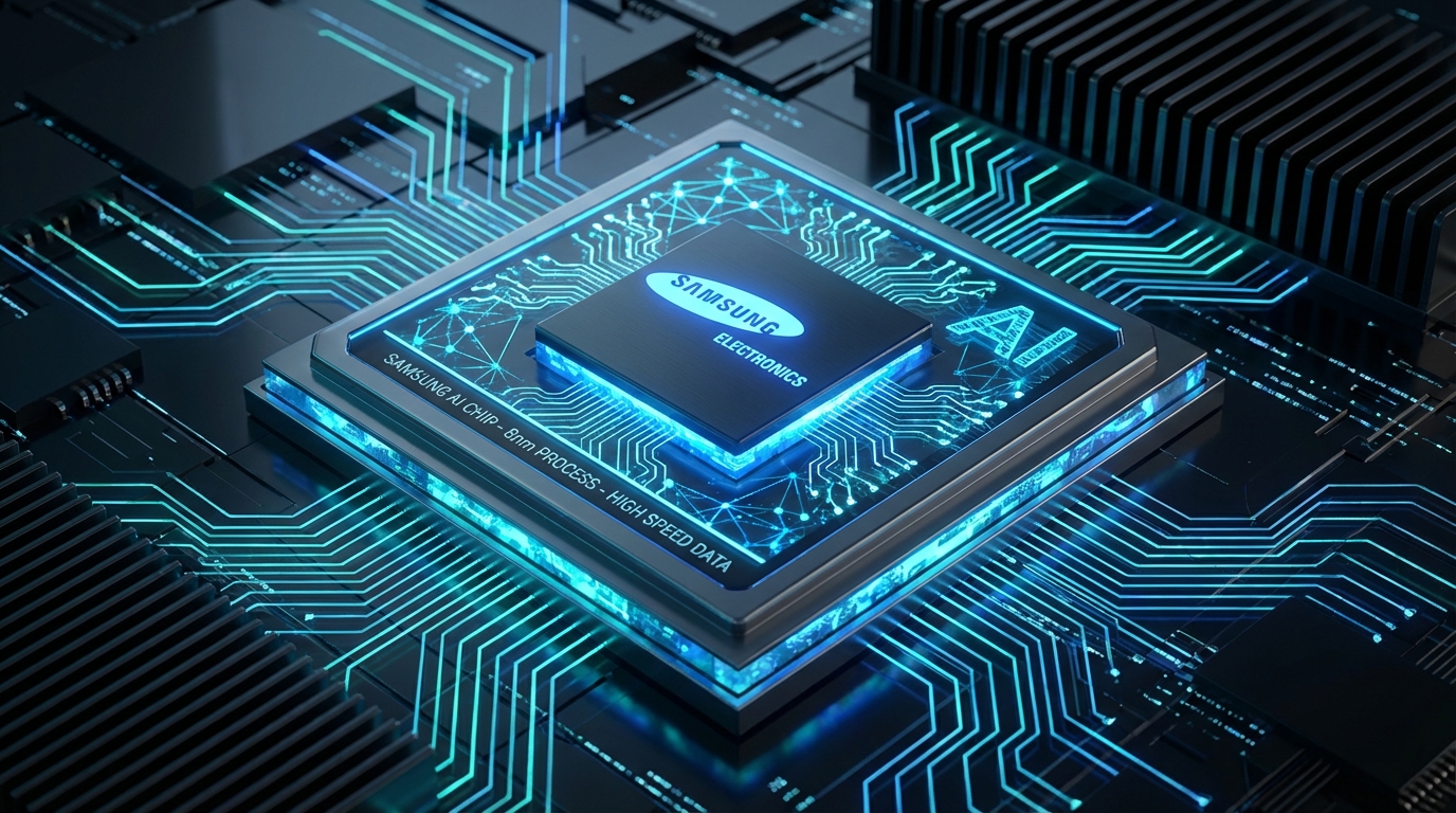 삼성전자 로고가 새겨진 미래 지향적인 반도체 칩이 푸른 빛을 내며 AI 기술을 상징하는 모습