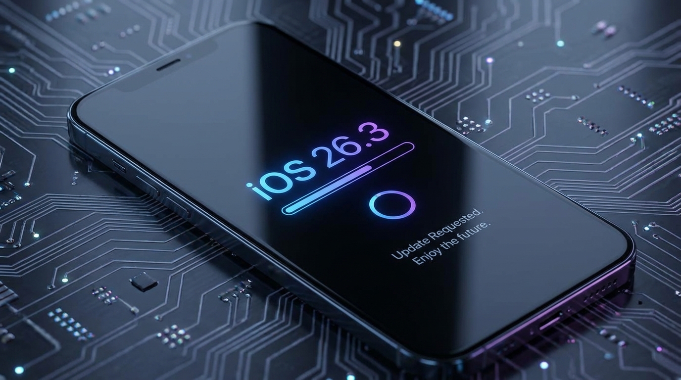 iOS 26.3 업데이트 화면이 표시된 스마트폰과 은은한 조명이 비치는 하이테크 배경