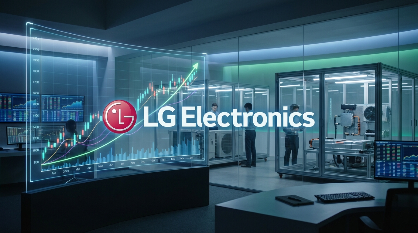 상승하는 주식 그래프 배경 위에 LG전자 로고가 있고 주변에 최신 가전과 전장 부품이 배치된 이미지