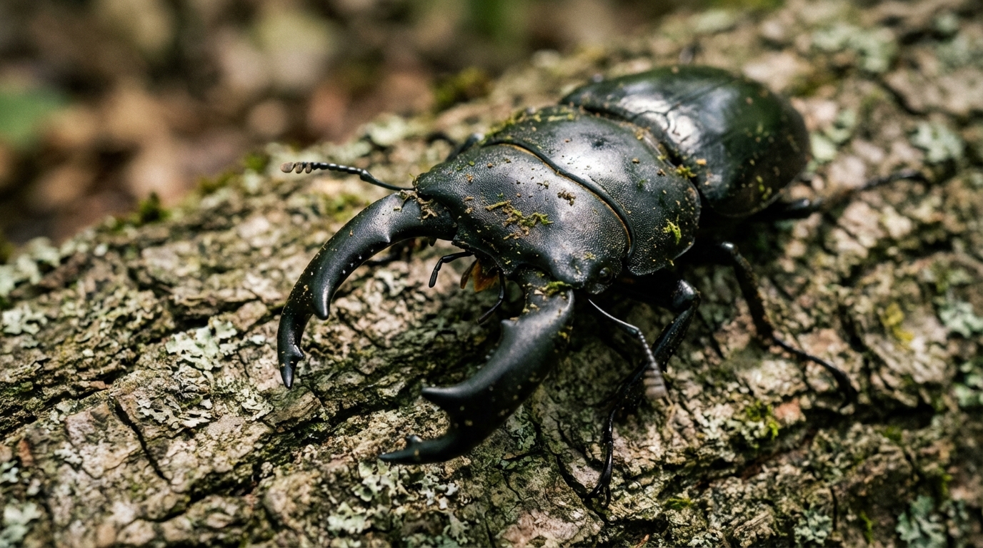 참나무 껍질 위에서 크고 굵은 턱을 자랑하는 검은색 수컷 왕사슴벌레의 고화질 접사