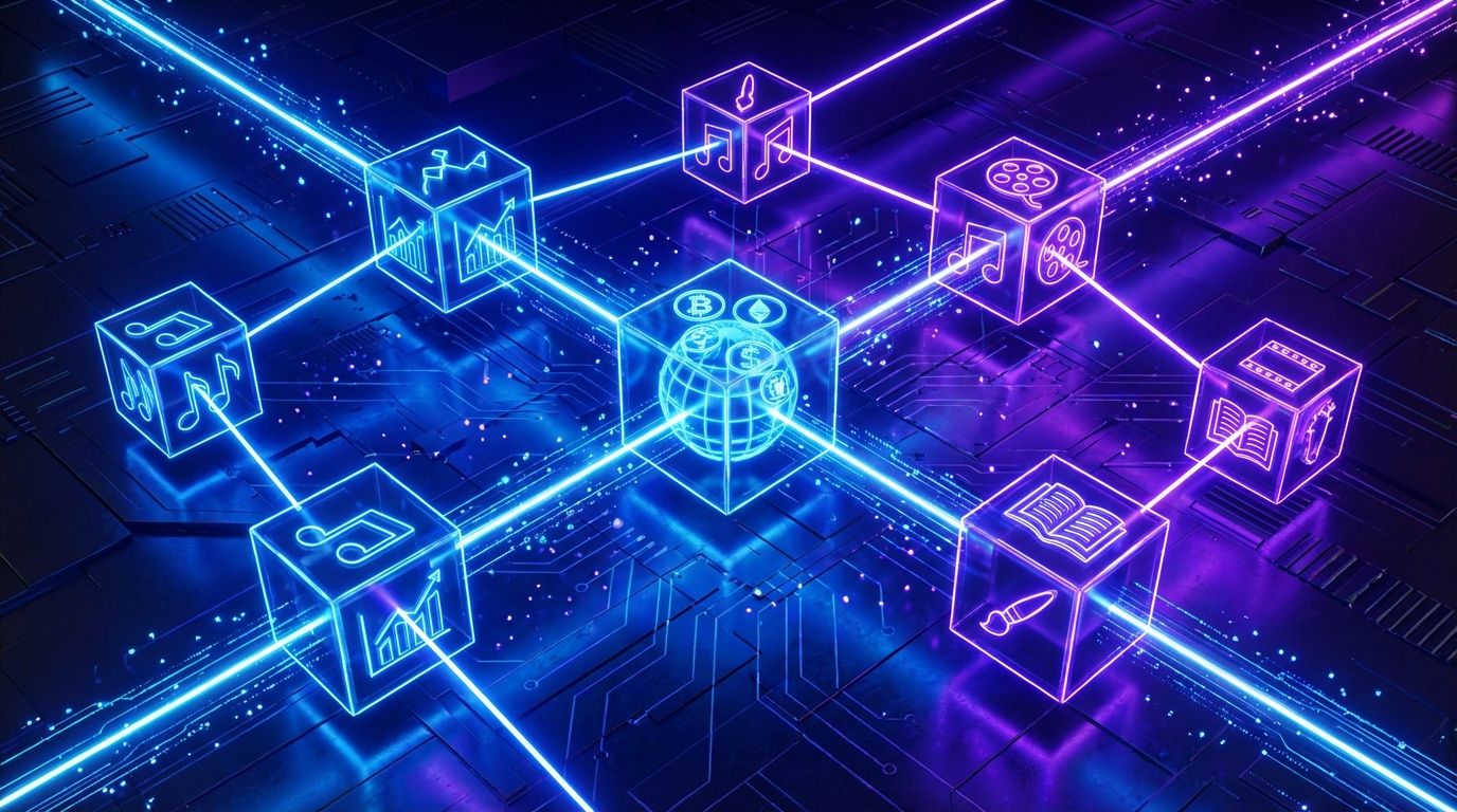 푸른색과 보라색 네온 톤으로 빛나는 블록체인 네트워크 노드가 금융 및 창작 콘텐츠 아이콘을 연결하는 디지털 아트
