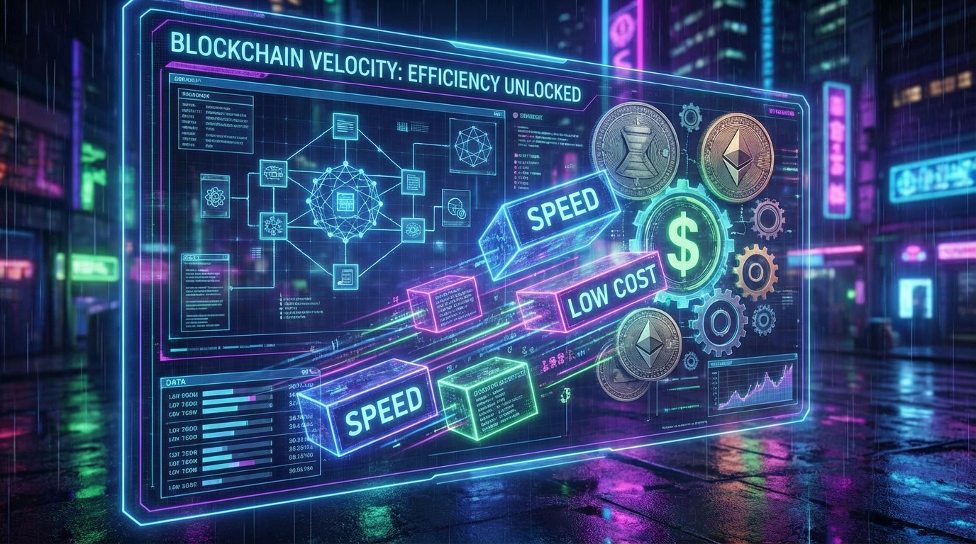 네온 스타일의 미래지향적 디지털 인터페이스, 고속 데이터 블록이 전통적인 금융 기호와 융합되어 블록체인 애플리케이션의 속도와 비용 효율성을 시각화한 이미지