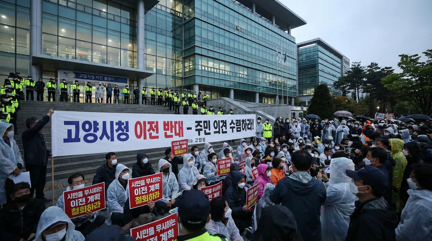 고양시청 신청사 이전 문제와 관련된 현수막이 걸려 있는 고양시의 거리 풍경