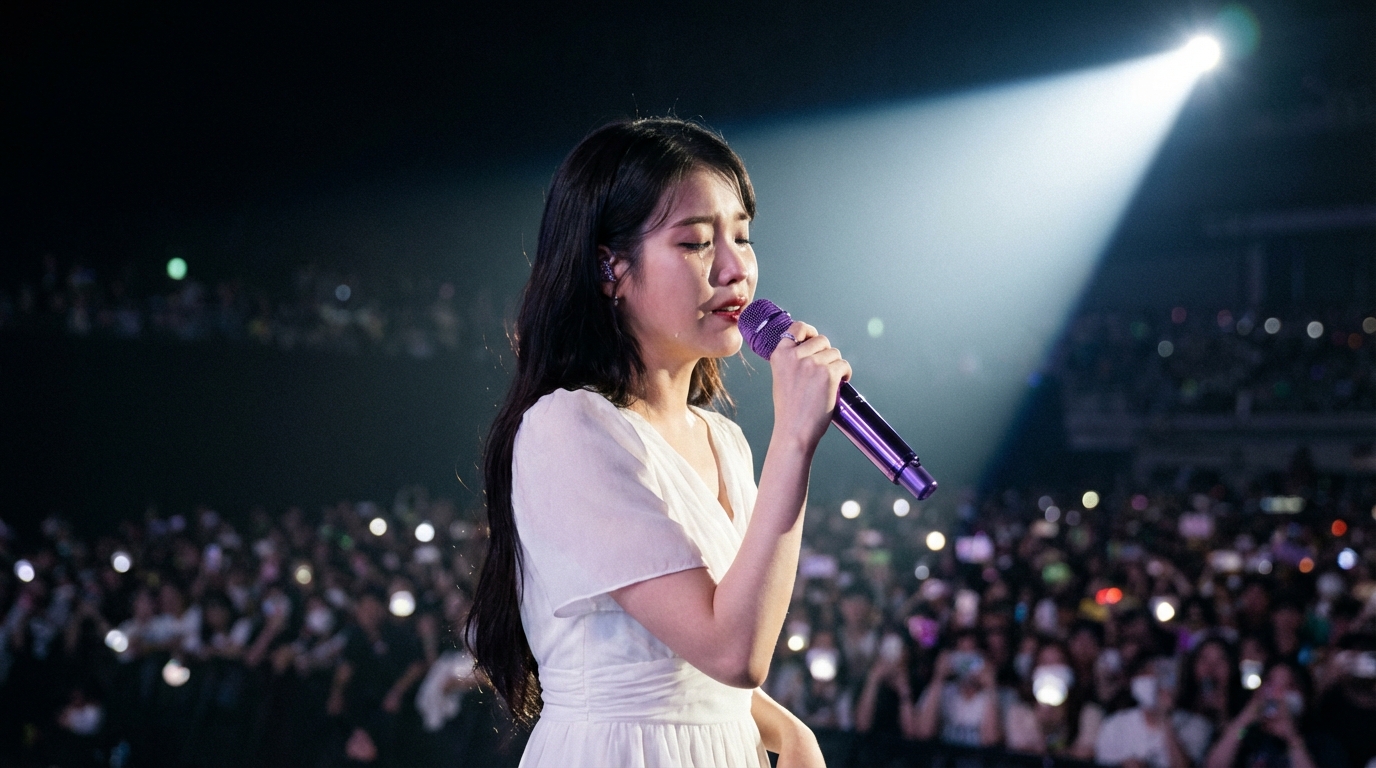 보라색 마이크를 들고 무대 위에서 스포트라이트를 받으며 감성적인 표정으로 노래를 부르는 아이유의 모습