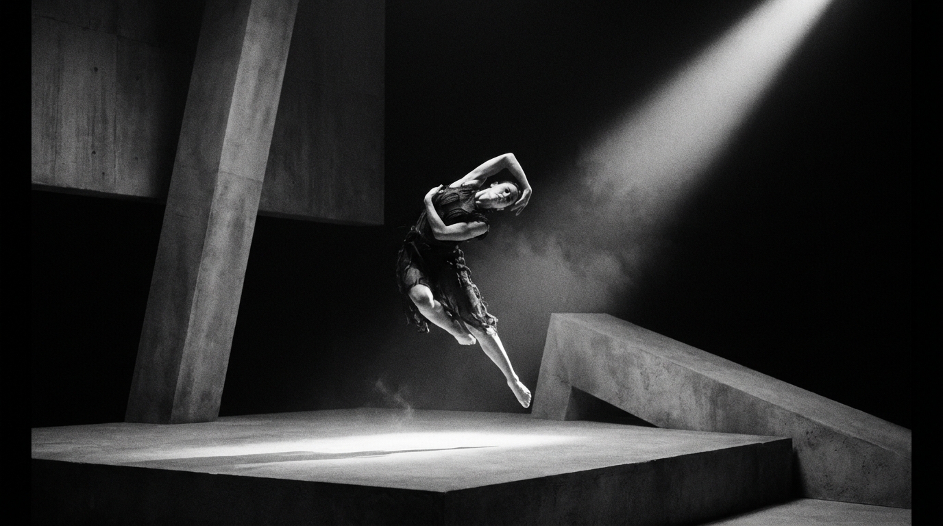 어두운 배경의 무대 위에서 극적인 조명을 받으며 역동적인 현대 무용 동작을 선보이는 무용수
