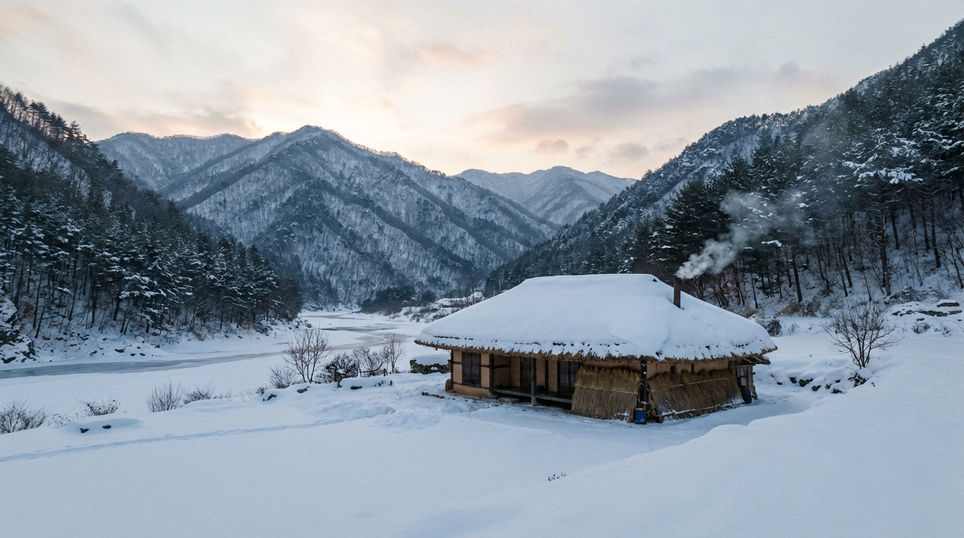눈 덮인 강원도 산골의 고요한 풍경 속에 자리 잡은 전통 초가집의 모습