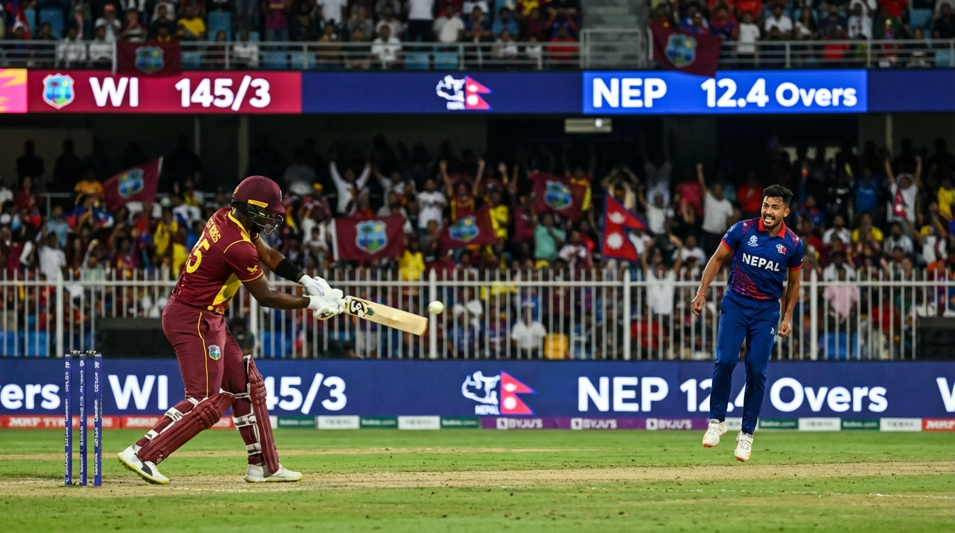 T20 월드컵 경기장에서 웨스트인디스 타자가 강력한 스윙을 하고 네팔 선수들이 수비하는 역동적인 장면