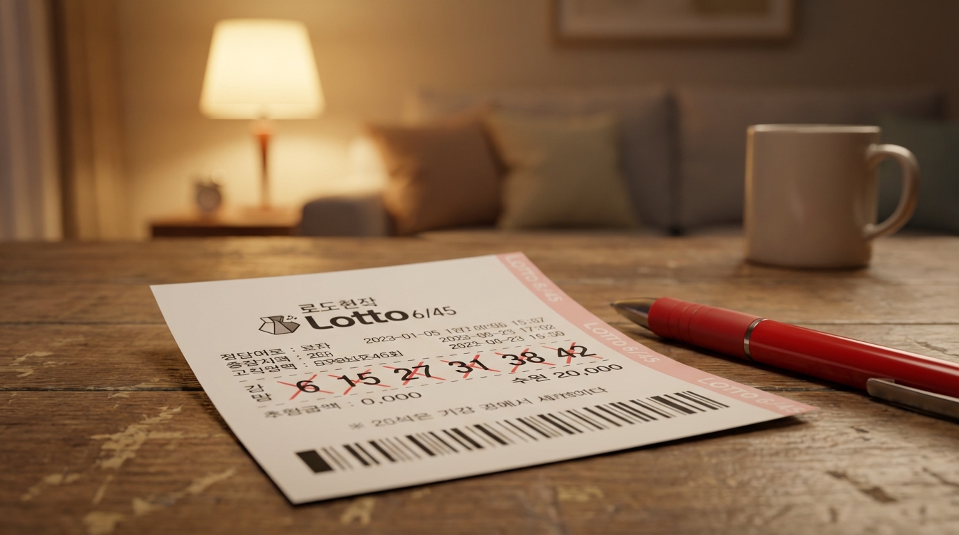따뜻한 거실 배경의 나무 테이블 위에 빨간 펜으로 번호가 표시된 로또 6/45 복권 용지 클로즈업