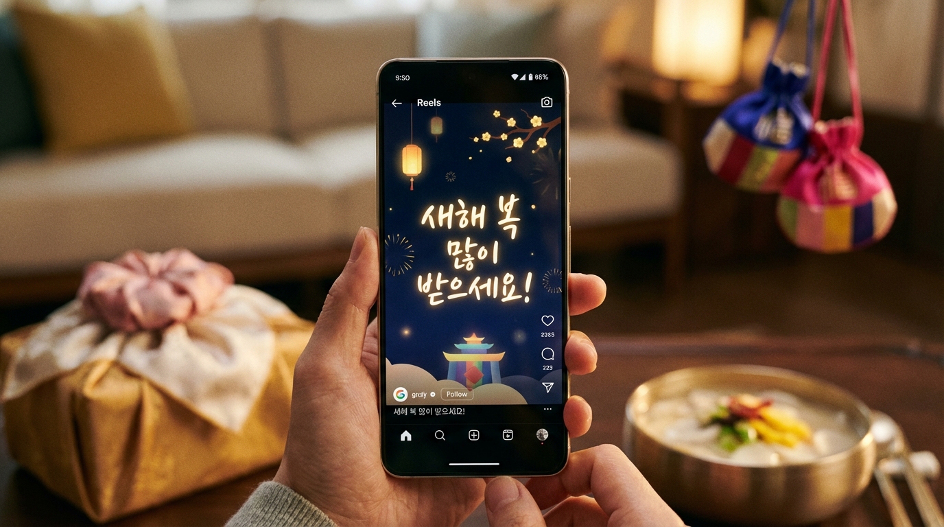 스마트폰 화면에 AI가 생성한 설 명절 인사 메시지와 숏폼 영상 인터페이스가 떠 있는 모습