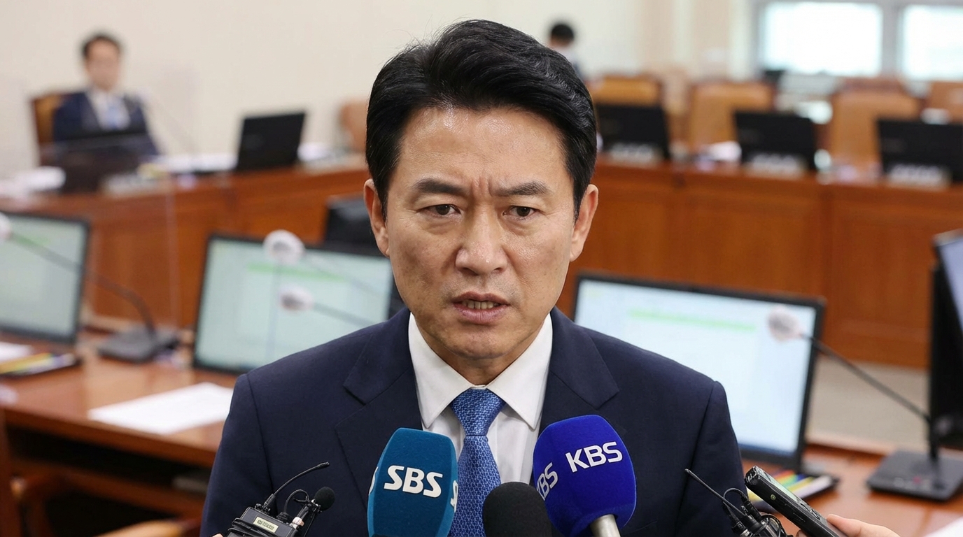 기자회견장에서 정장 차림으로 마이크 앞에 서서 진지한 표정으로 발언하고 있는 장동혁 의원의 모습