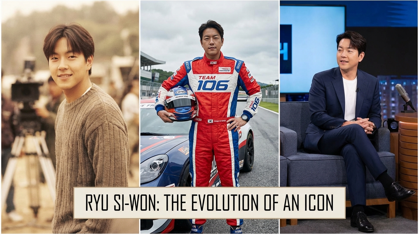 레이싱 슈트를 입은 류시원과 방송 스튜디오에서 마이크를 잡고 있는 류시원의 모습을 대비하여 보여주는 콜라주 이미지