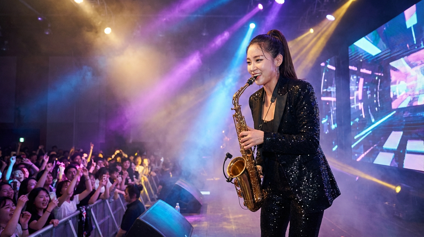 화려한 무대 조명 아래서 색소폰을 들고 열정적으로 공연을 펼치고 있는 가수 오유진의 모습
