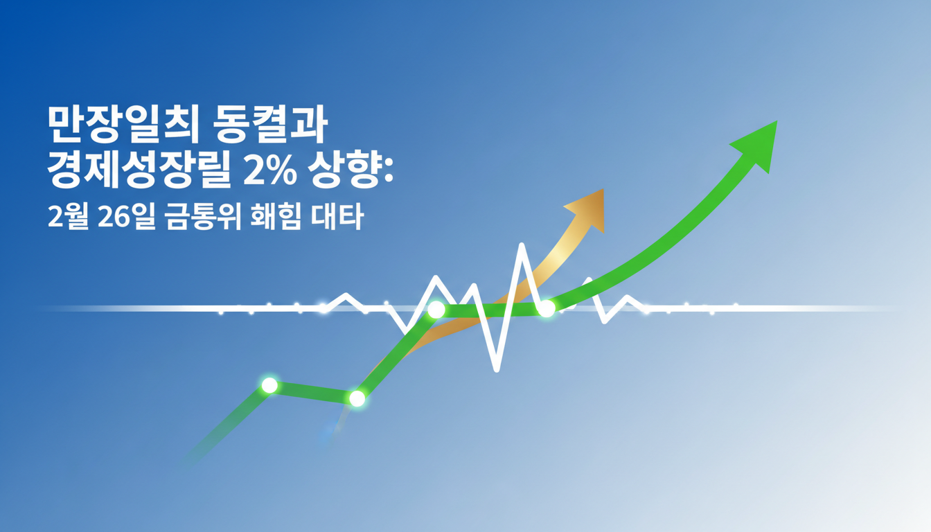 금리 동결과 성장률 회복의 교차를 상징하는 추상적 금융 차트 일러스트