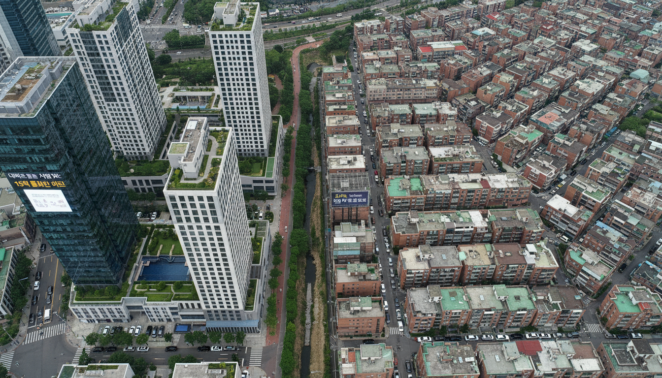 Aerial view of Seoul residential area showing contrast between high-rise luxury apartments and dense low-rise...