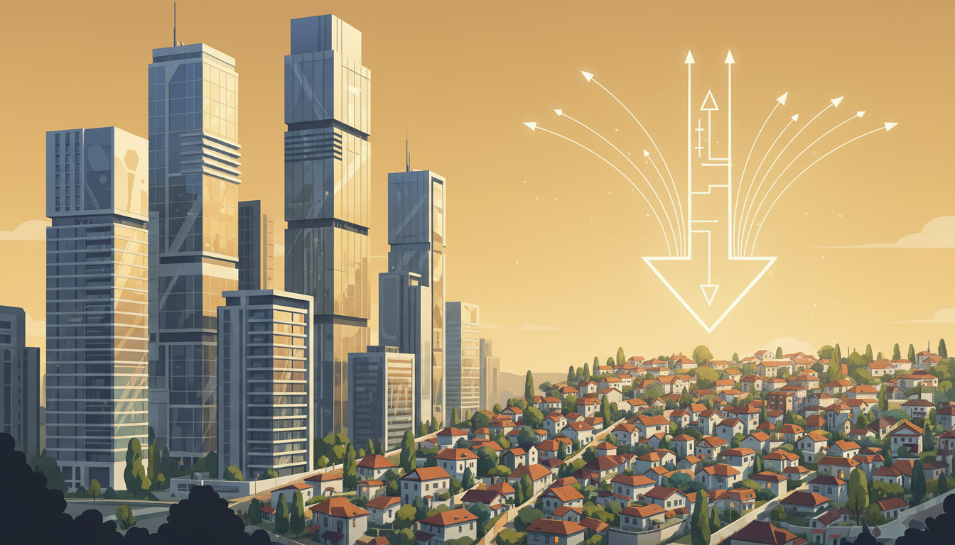서울의 고층 아파트와 저층 빌라 밀집 지역이 대비되는 풍경 위로 금리 인하를 상징하는 하향 화살표가 그려진 일러스트