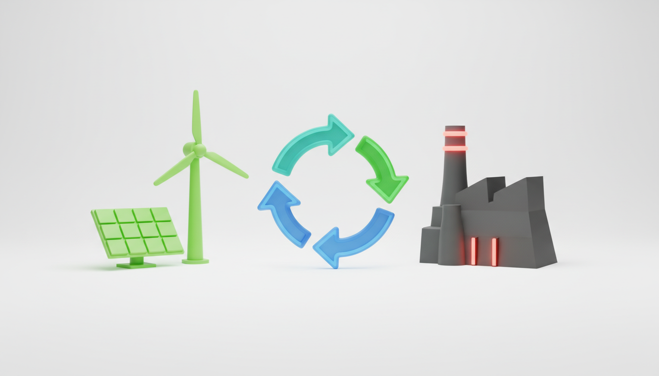 A conceptual 3D illustration showing a glowing green wind turbine