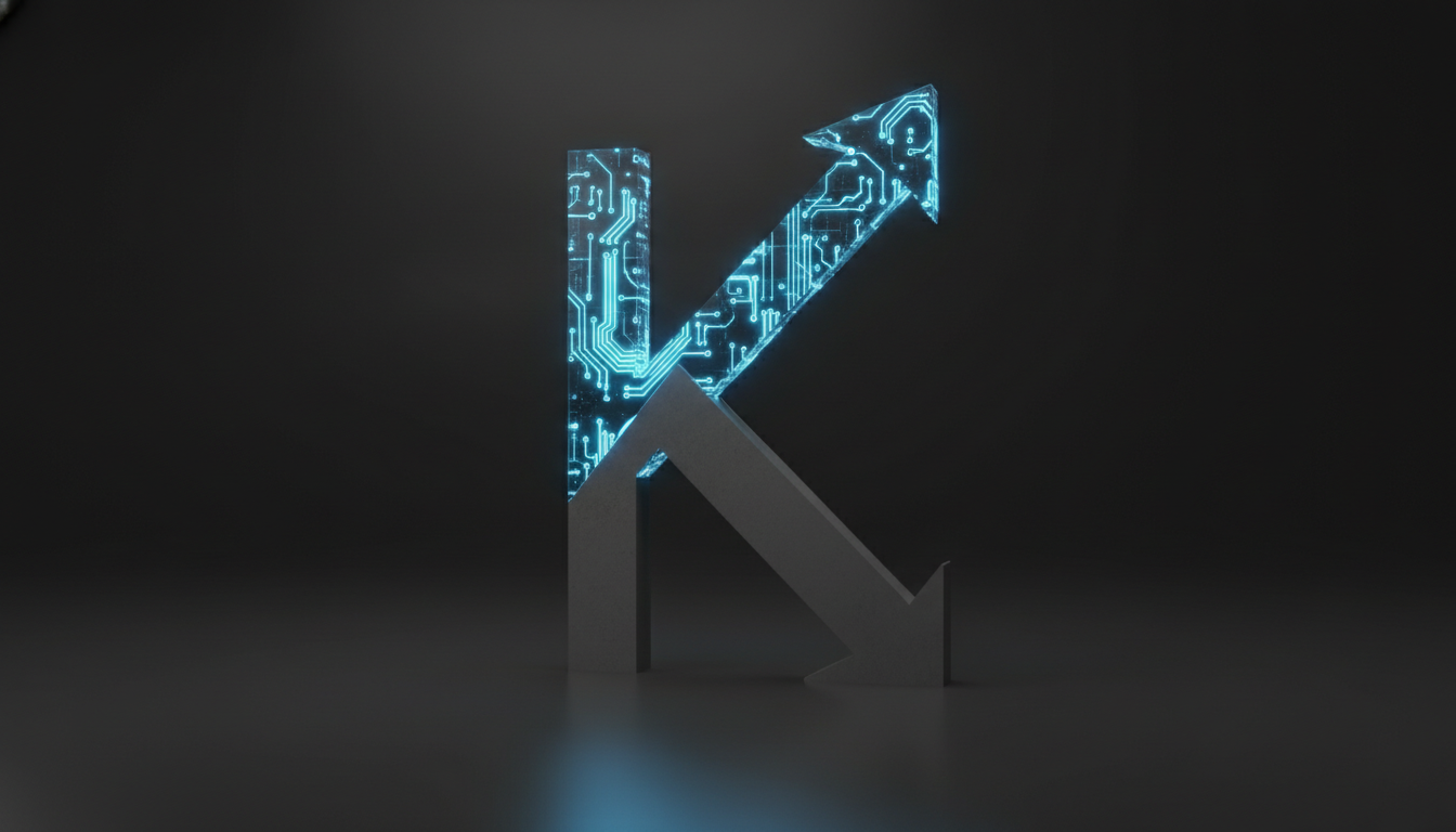 A conceptual 3D rendering of two diverging financial trend lines on a sleek dark background. The...
