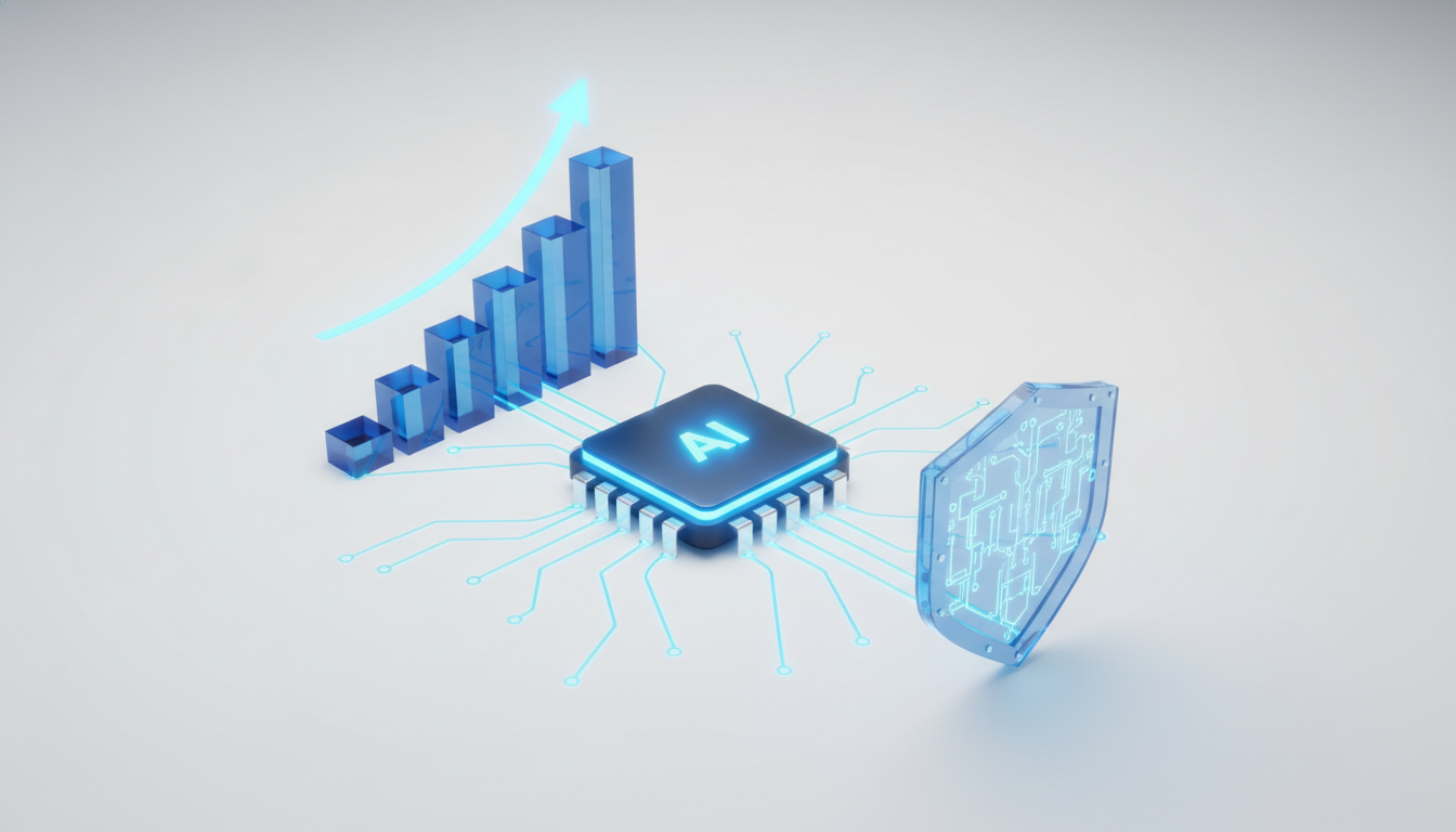 A 3D conceptual illustration showing a glowing AI microchip connected by...