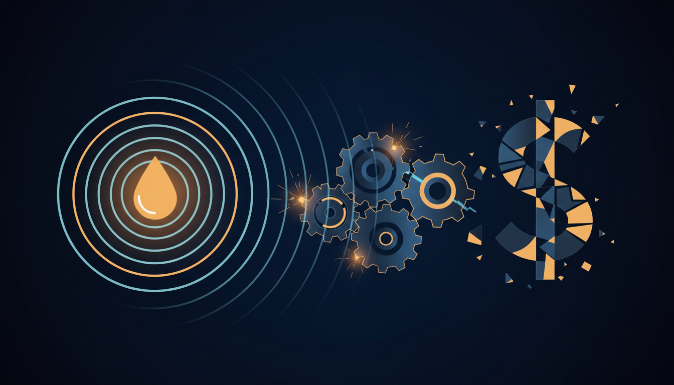 A sleek, modern abstract illustration depicting a chain reaction in macroeconomics. A stylized glowing oil...