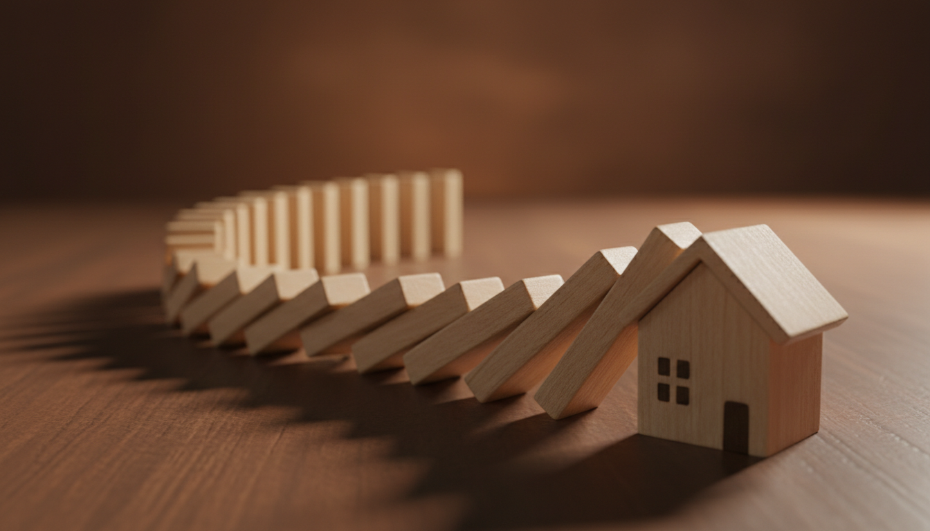 Macro photography of blank wooden dominoes falling in a chain reaction towards a small stylized wooden house...