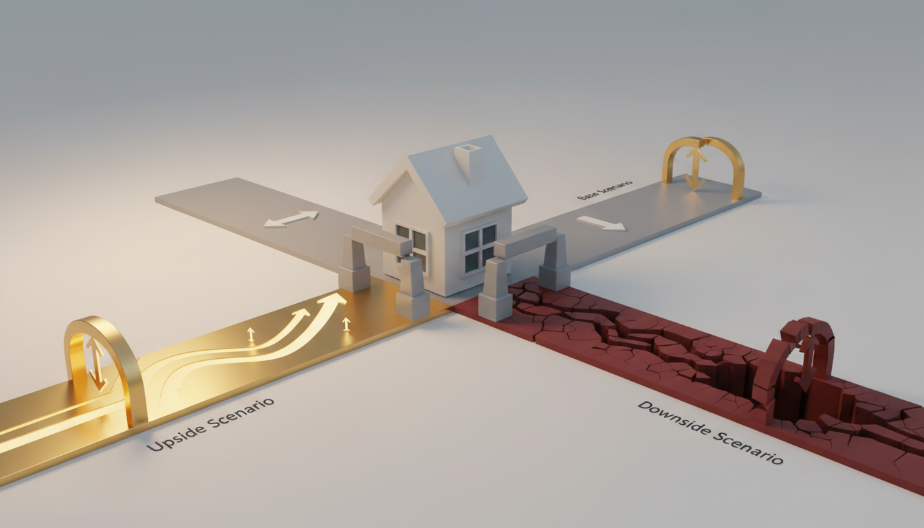 3D of a stylized house miniature standing at a crossroads with three…