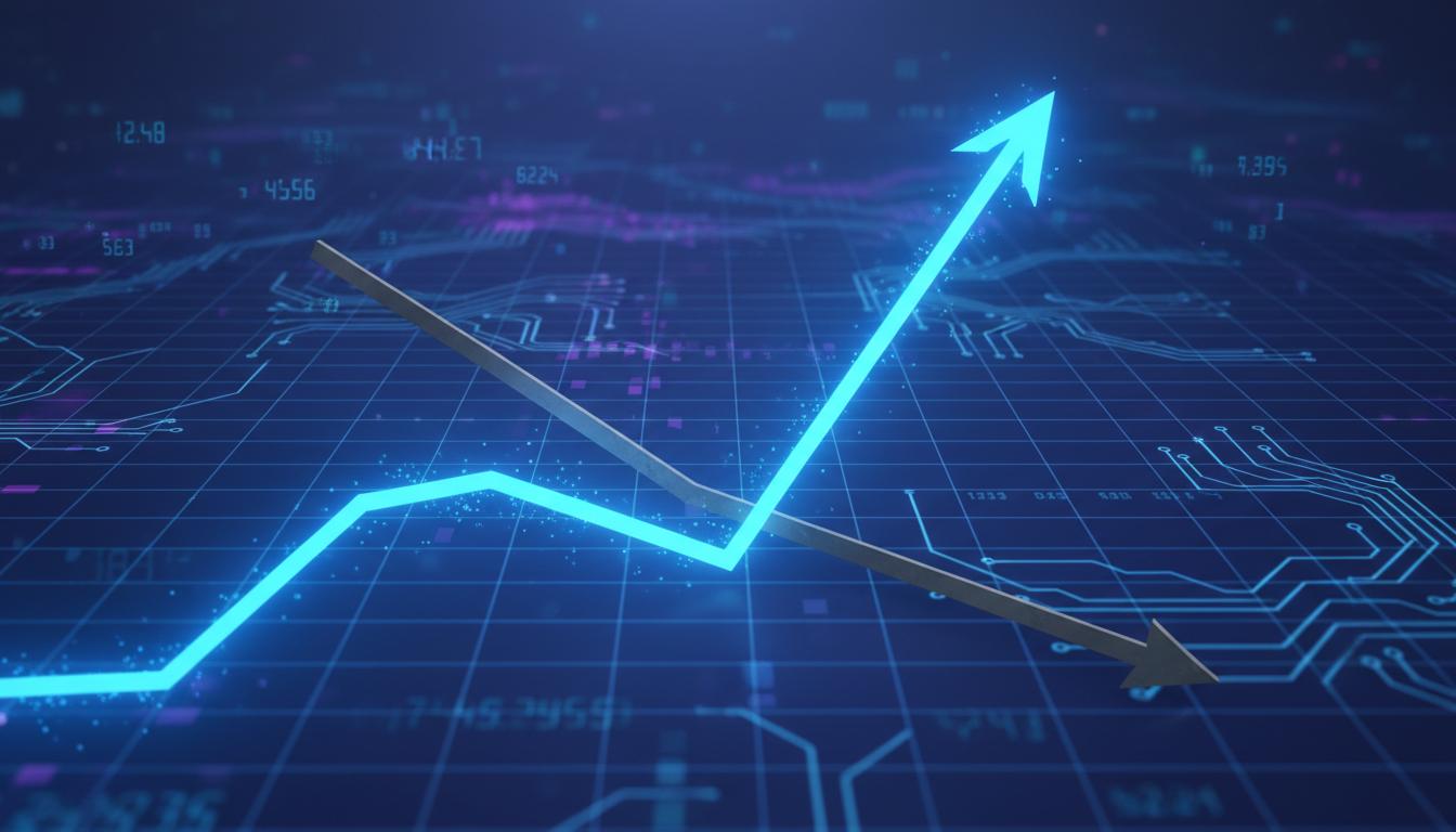 A clean, modern financial chart illustration showing a dramatic divergence. One bright, glowing neon blue...