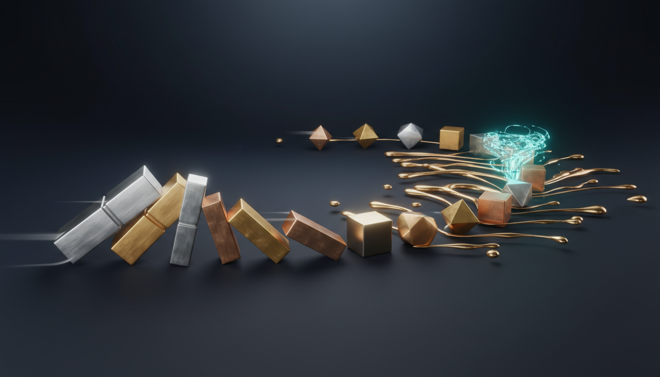 3D illustration of a domino effect using metallic blocks on a dark...