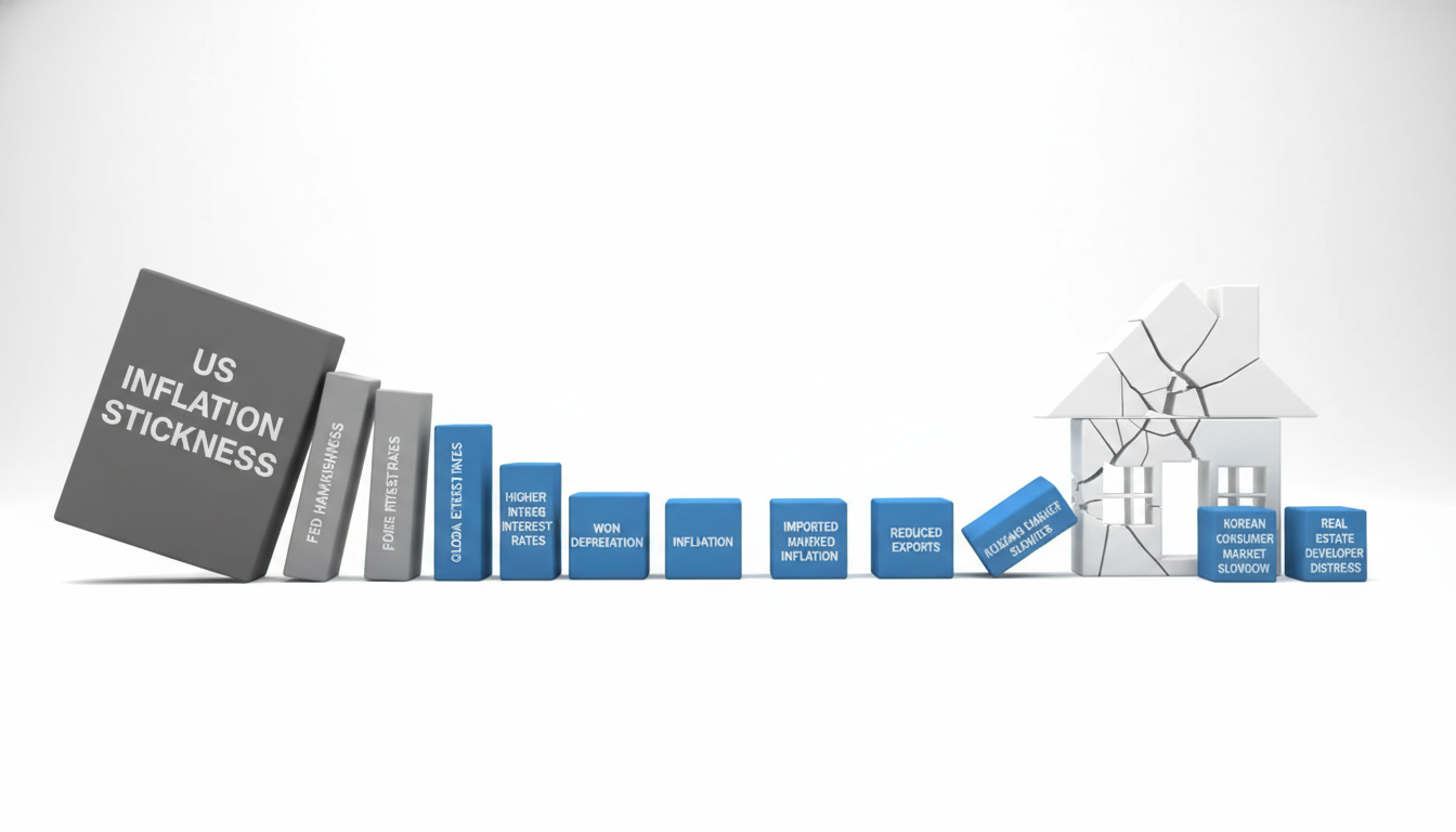 A 3D illustration of a domino effect. A large, heavy block knocks over a…