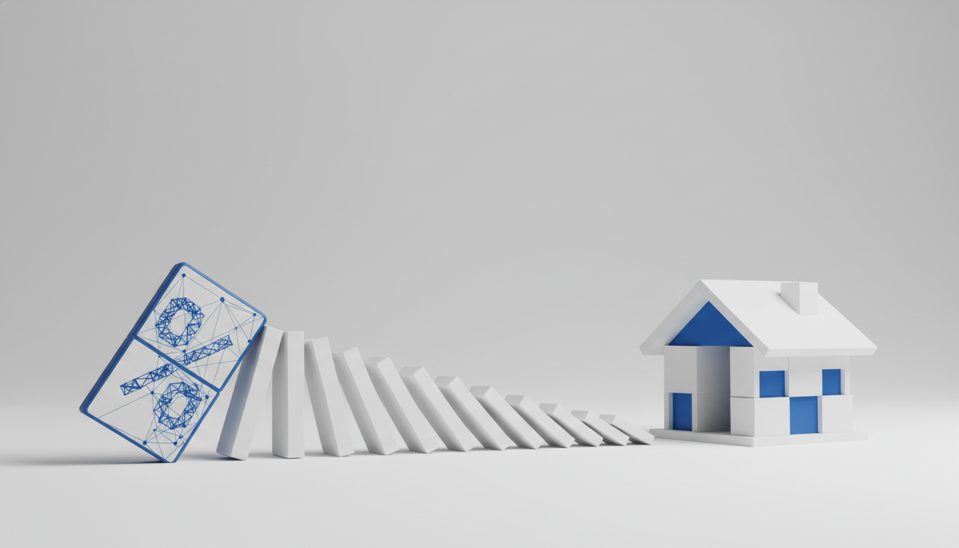 3D illustration of a chain reaction of falling dominos. The first domino…