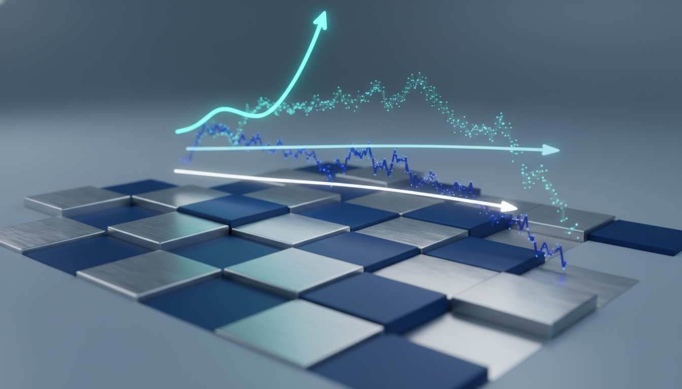 Abstract 3D illustration of a strategic chessboard with three different glowing…