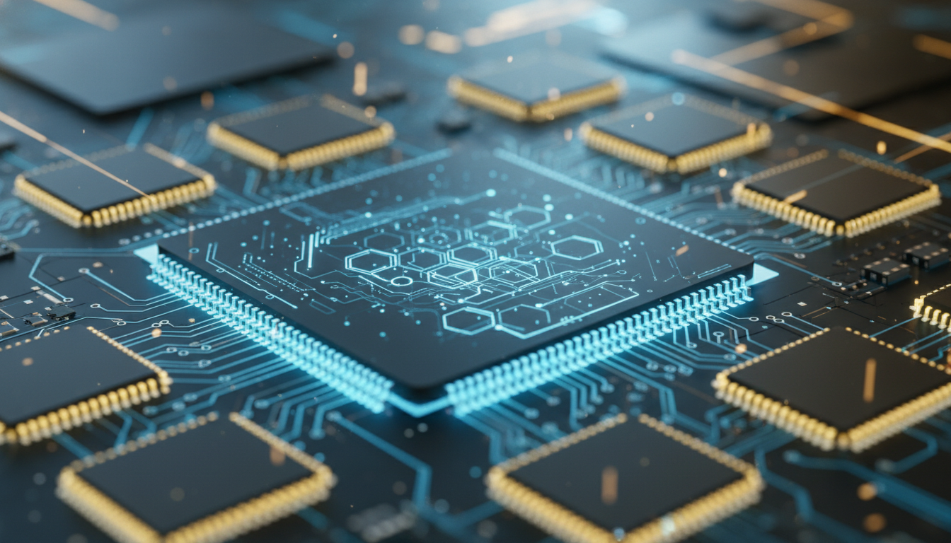 Close-up macro photography of a futuristic semiconductor wafer and memory chips glowing with subtle blue