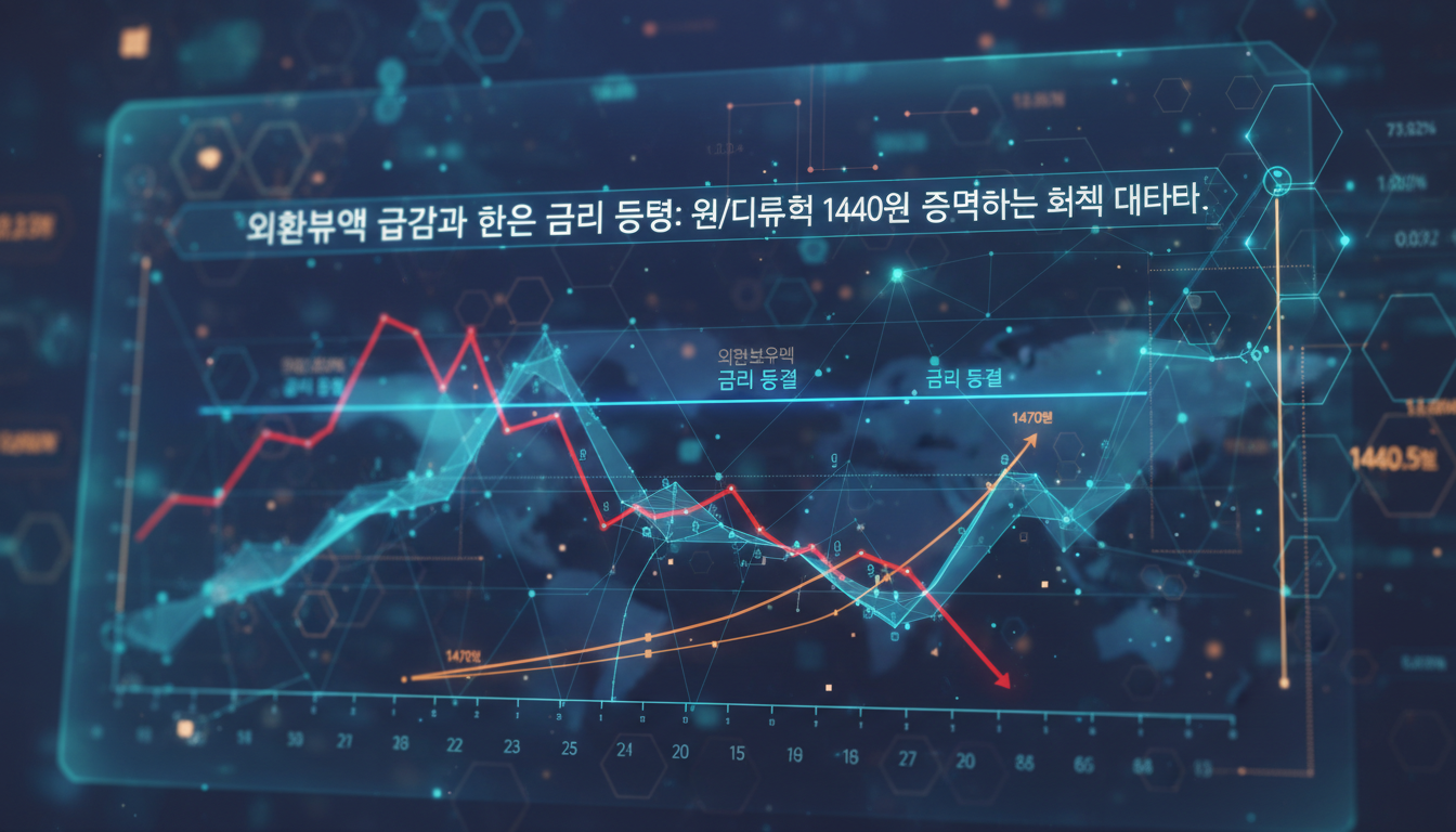 {'prompt': 'macroeconomic data dashboard abstract finance chart', 'section_heading': '외환보유액 급감과 한은 금리 동결: 원/달러 환율 1470원...