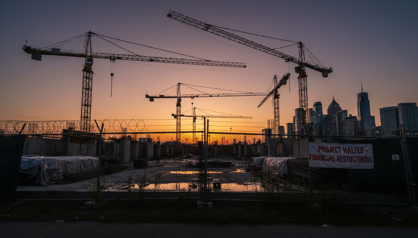 stalled construction site with cranes silhouette financial crisis concept