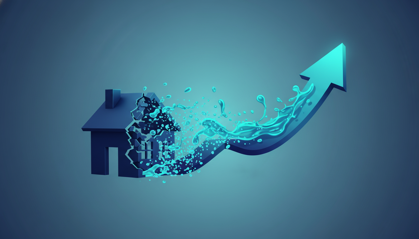 A clean, modern conceptual illustration without text. It shows a stylized, matte-finish house slowly...