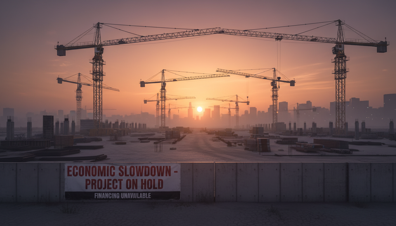 halted construction site cranes sunset economic slowdown concept