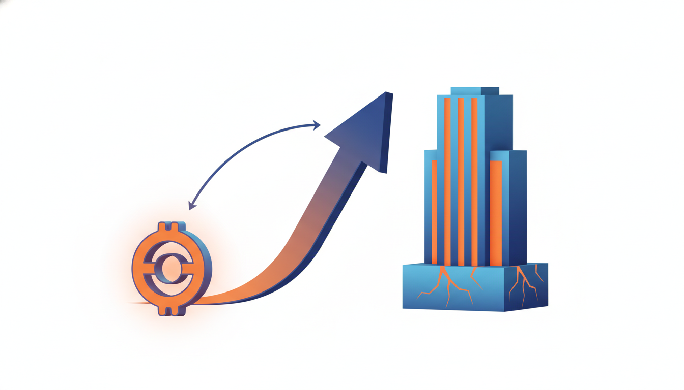 A minimalistic 3D illustration of a chain reaction: a glowing financial…
