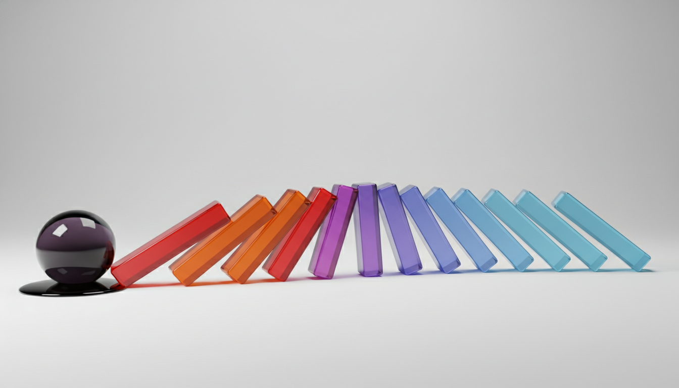 A 3D illustration showing a domino effect. It starts with a dark liquid…