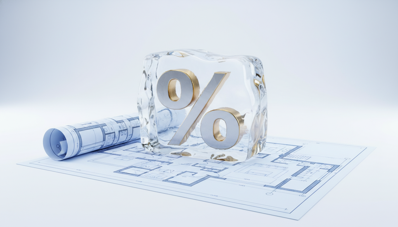 A 3D illustration of a large percentage symbol encased in a clear block of…