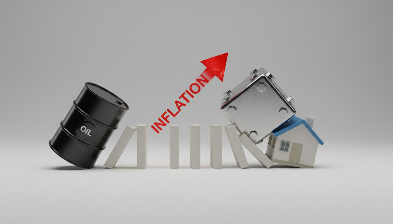 A clean, modern 3D conceptual illustration showing a domino effect or chain reaction. It starts with a...