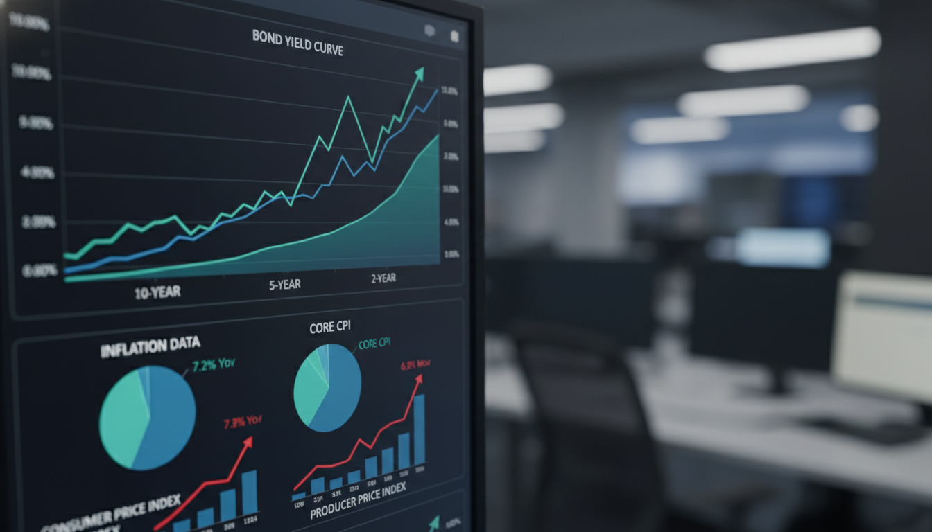 Close-up of a digital financial terminal screen displaying rising bond yield line charts and macro inflation...