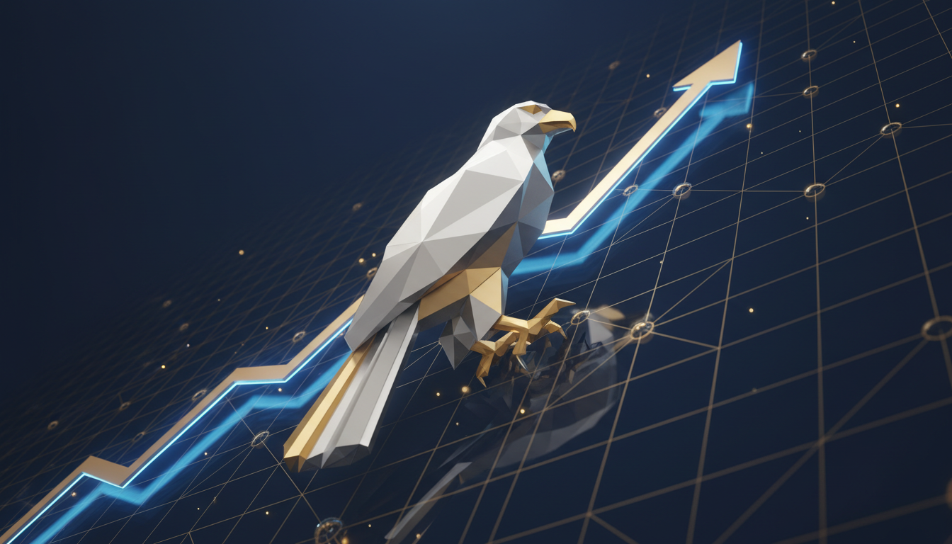 매파적 통화정책 전환을 상징하는 비상하는 매의 실루엣과 상승하는 금빛 데이터 차트가 어우러진 3D 금융 일러스트