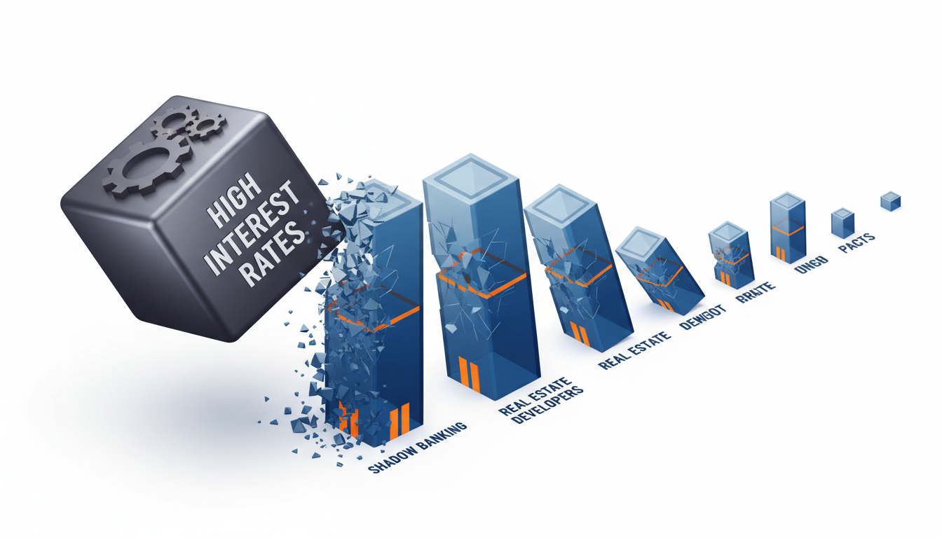 isometric 3D illustration showing a domino effect. A heavy metallic…