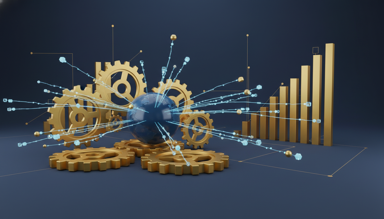 3D illustration of interconnected financial gears and glowing data