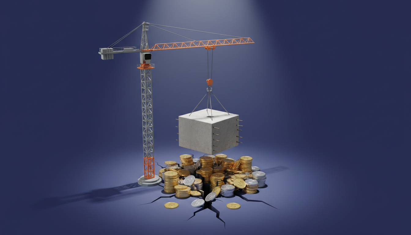 A conceptual 3D illustration of a modern construction crane lifting a…