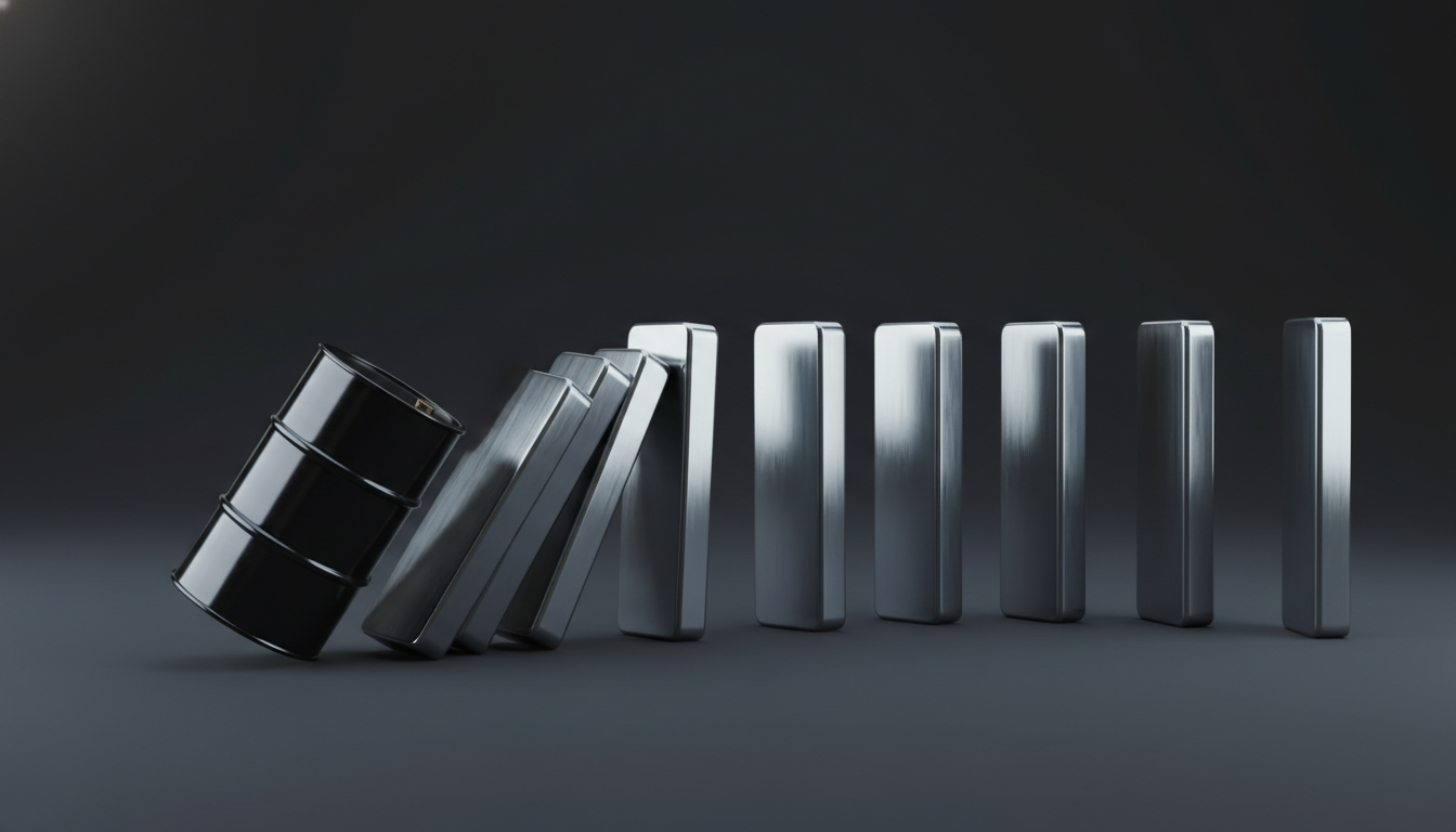 A 3D illustration of a chain reaction of falling dominoes, with the first…