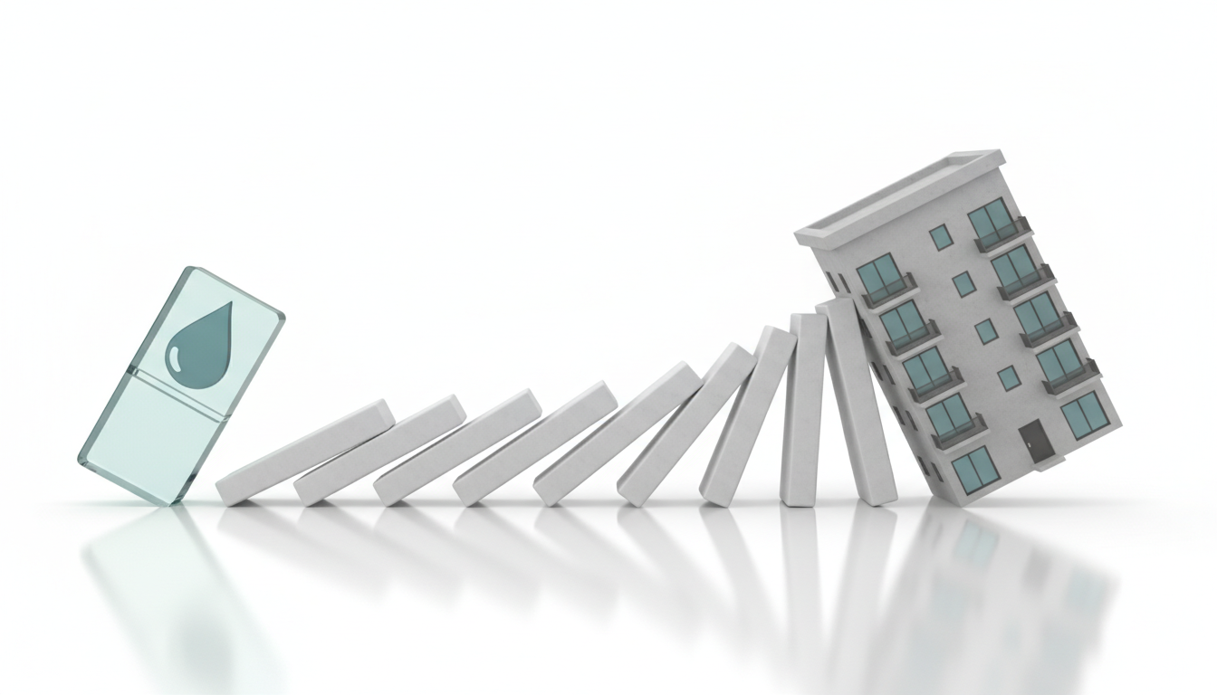 Clean 3D rendering of falling dominoes, the first domino features a subtle oil drop symbol, leading to a...