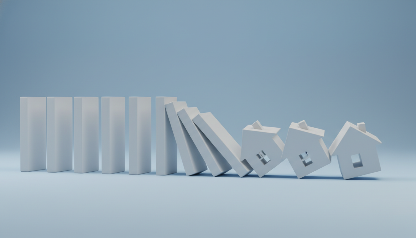 A clean 3D illustration of white dominoes falling in a chain reaction