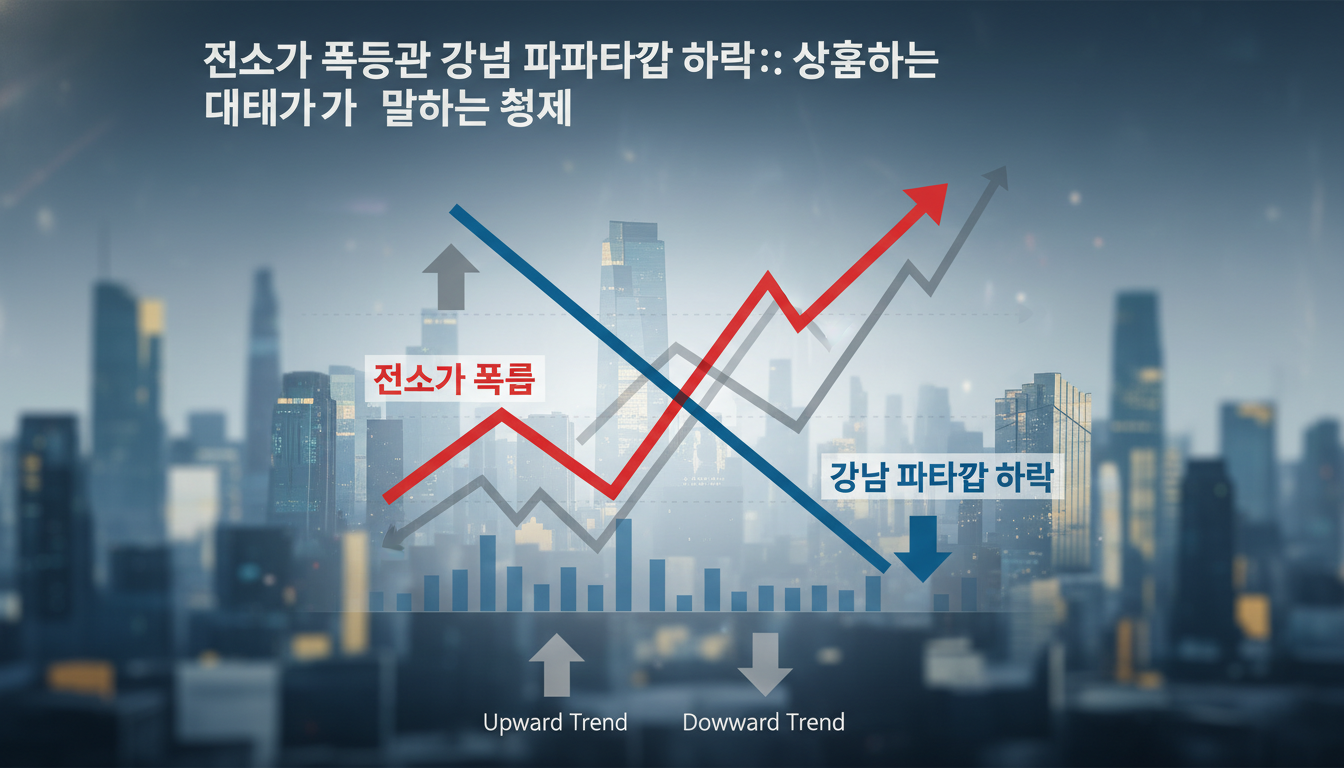financial chart with diverging up and down arrows overlaid on abstract city skyline