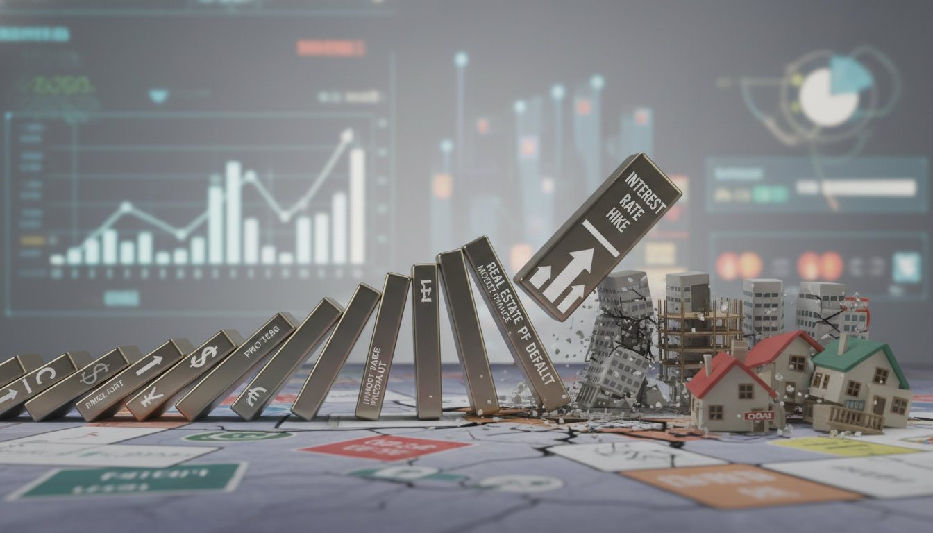 {'prompt': 'domino effect falling onto miniature toy houses financial concept', 'section_heading': '금리 인상의 파급 경로: 수입 물가에서...